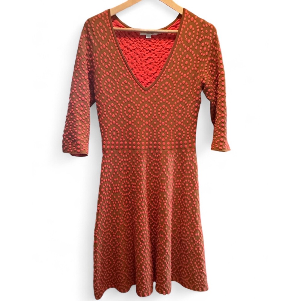Boden Brown Pink Textured Knit V-Neck Fit Flare Dress Womens US 6 R Cotton